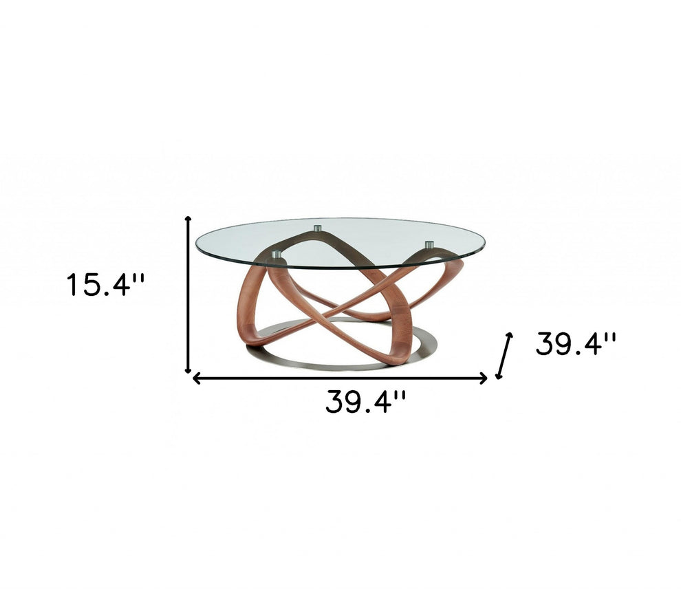 39" Walnut And Clear Glass Abstract Round Coffee Table By Homeroots | Coffee Tables | Modishstore - 5