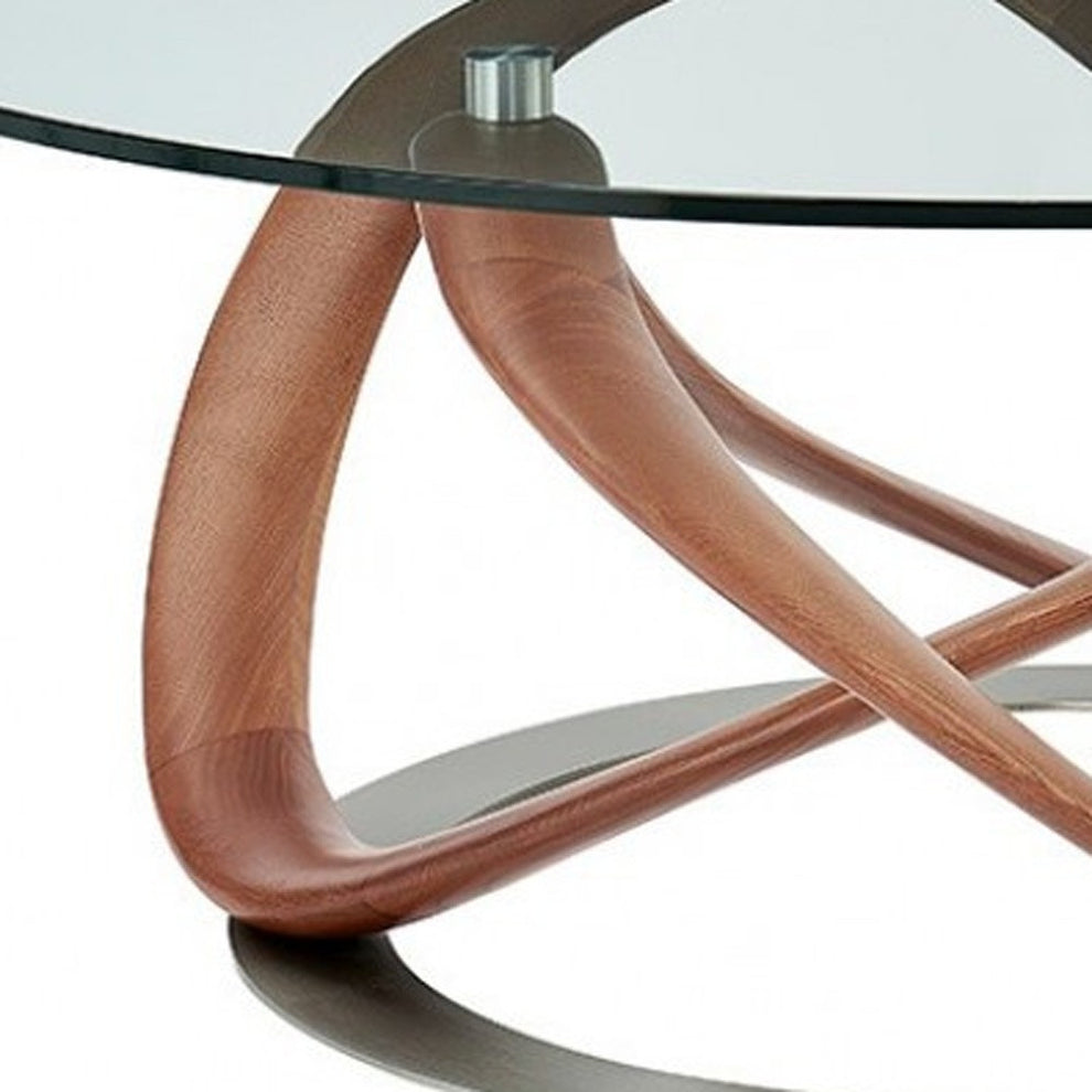39" Walnut And Clear Glass Abstract Round Coffee Table By Homeroots | Coffee Tables | Modishstore - 4
