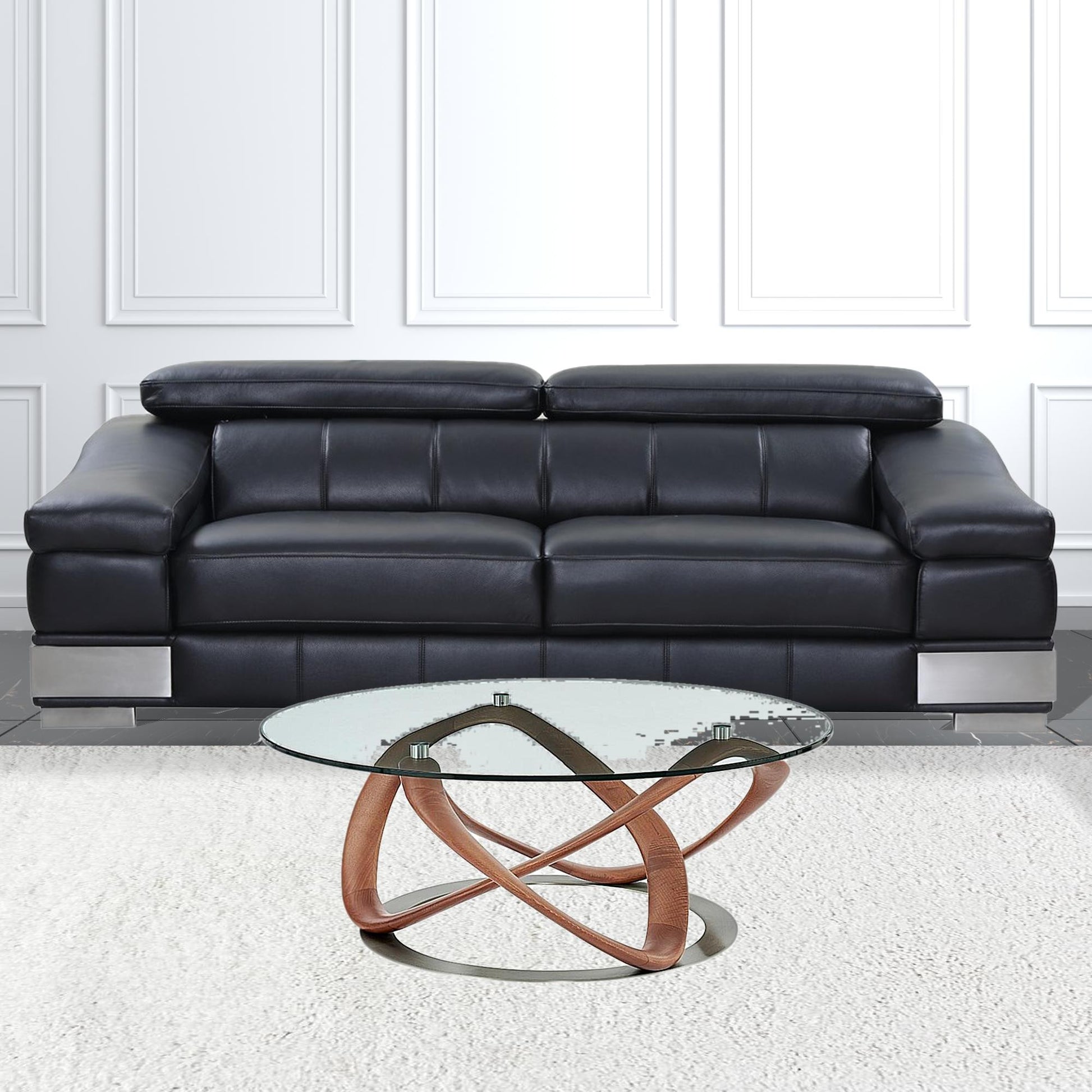 39" Walnut And Clear Glass Abstract Round Coffee Table By Homeroots | Coffee Tables | Modishstore - 3