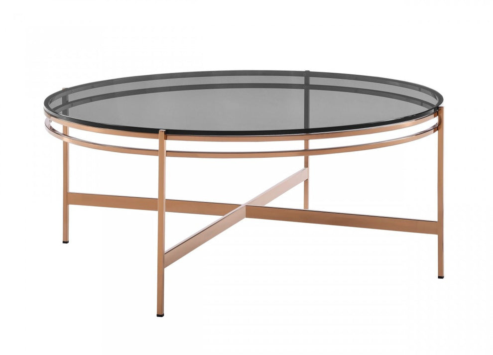 35" Gold And Smoked Glass Round Coffee Table By Homeroots | Coffee Tables | Modishstore - 2