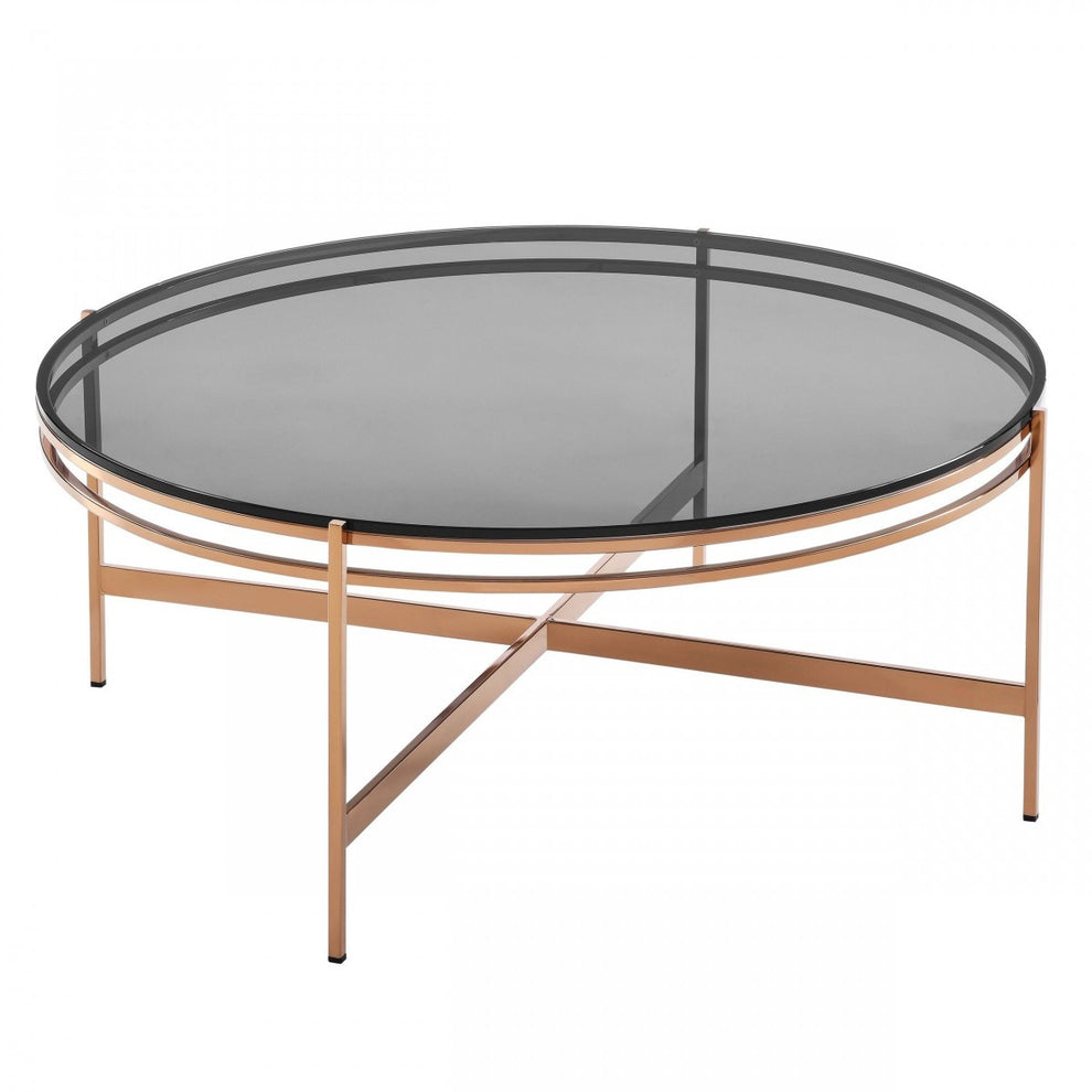 35" Gold And Smoked Glass Round Coffee Table By Homeroots | Coffee Tables | Modishstore - 3