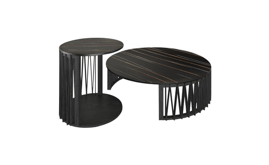 35" Black Marble And Solid Wood Round Nested Coffee Tables By Homeroots