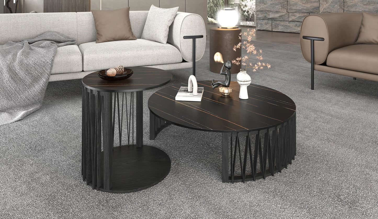 35" Black Marble And Solid Wood Round Nested Coffee Tables By Homeroots | Coffee Tables | Modishstore - 5