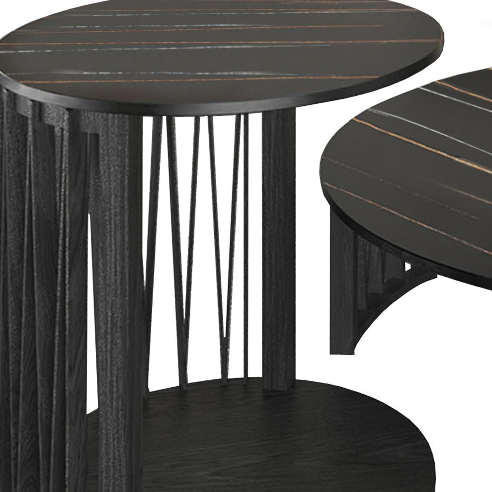 35" Black Marble And Solid Wood Round Nested Coffee Tables By Homeroots | Coffee Tables | Modishstore - 3