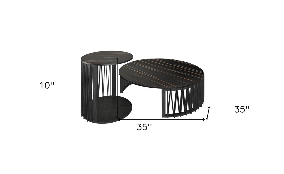 35" Black Marble And Solid Wood Round Nested Coffee Tables By Homeroots | Coffee Tables | Modishstore - 6