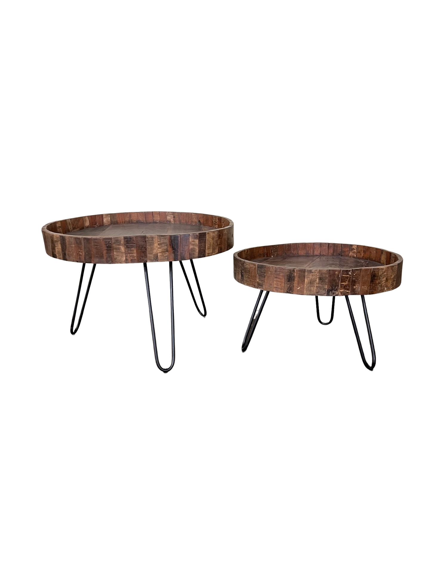 Set Of Two Black And Natural Brown Solid Wood And Iron Round End Tables By Homeroots