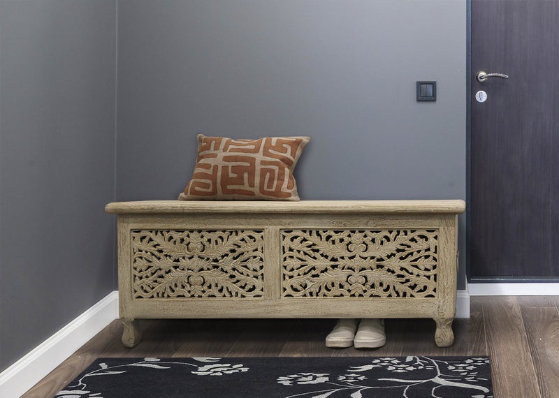 46" Antique White Solid Carved Wood Scroll Bench with Flip Top By Homeroots | Benches | Modishstore