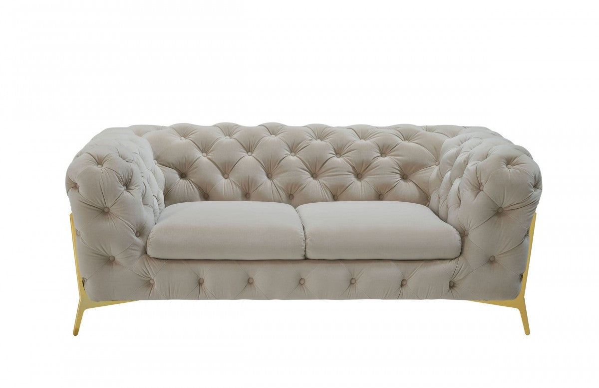 74" Beige Tufted Velvet And Gold Chesterfield Love Seat By Homeroots | Loveseats | Modishstore - 2
