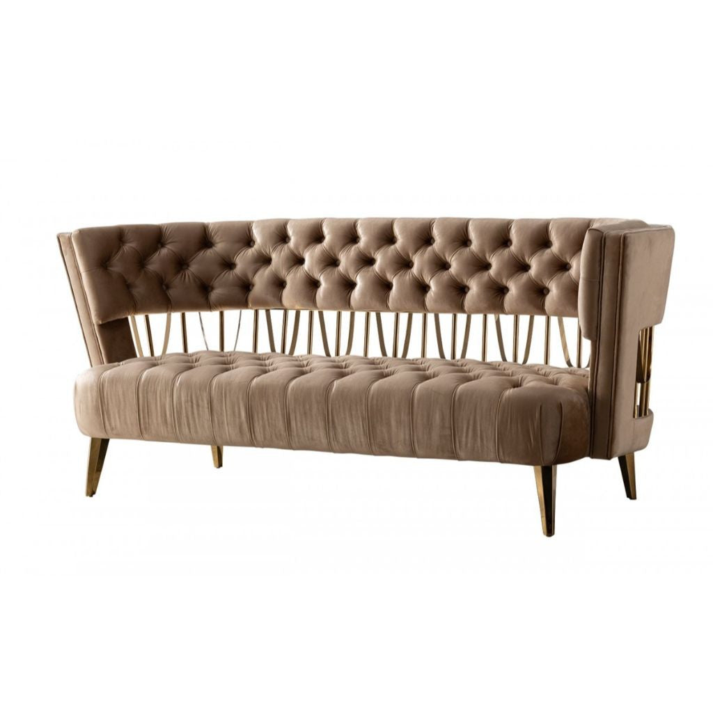 62" Dark Beige Velvet And Gold Exposed Back Love Seat By Homeroots | Loveseats | Modishstore