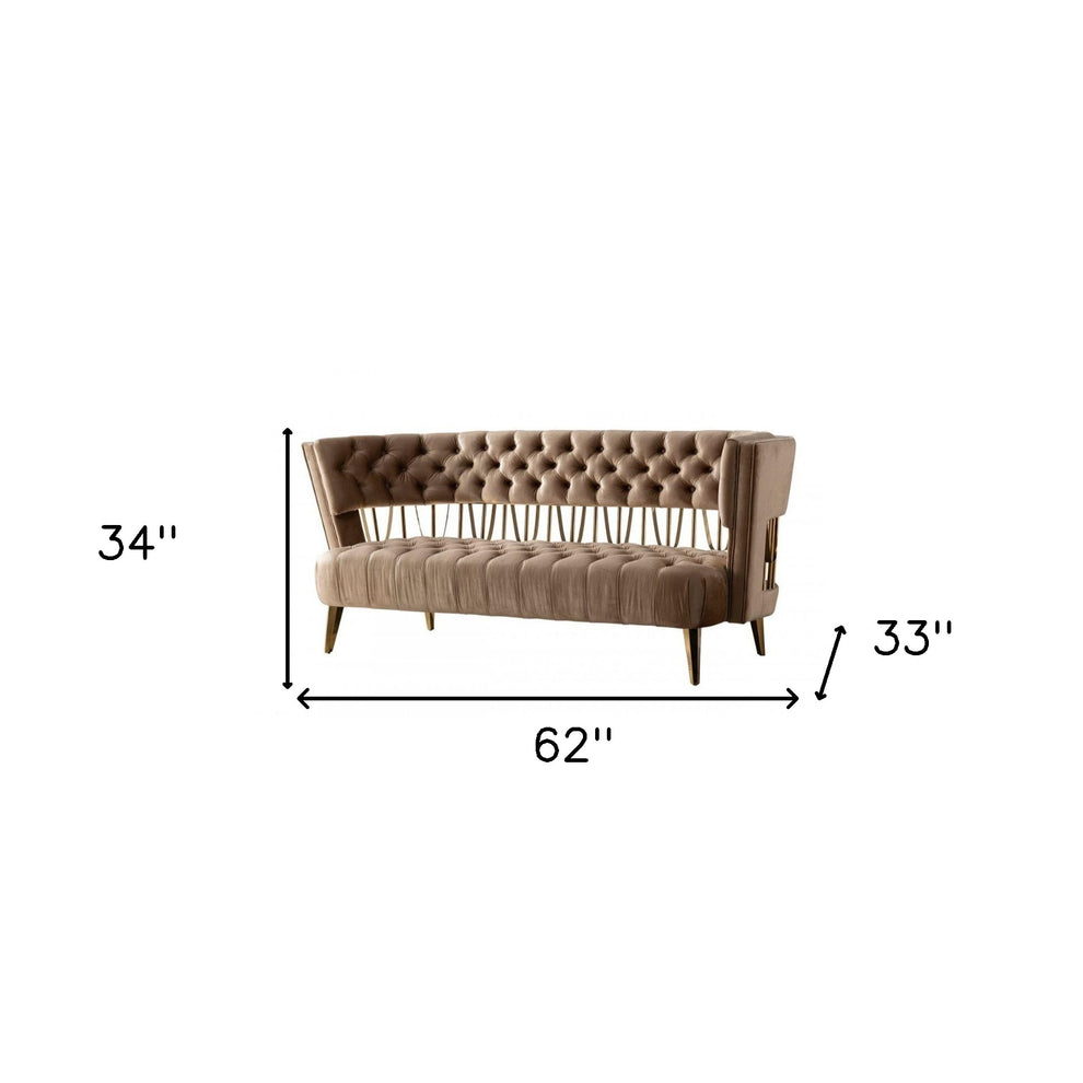 62" Dark Beige Velvet And Gold Exposed Back Love Seat By Homeroots | Loveseats | Modishstore - 5