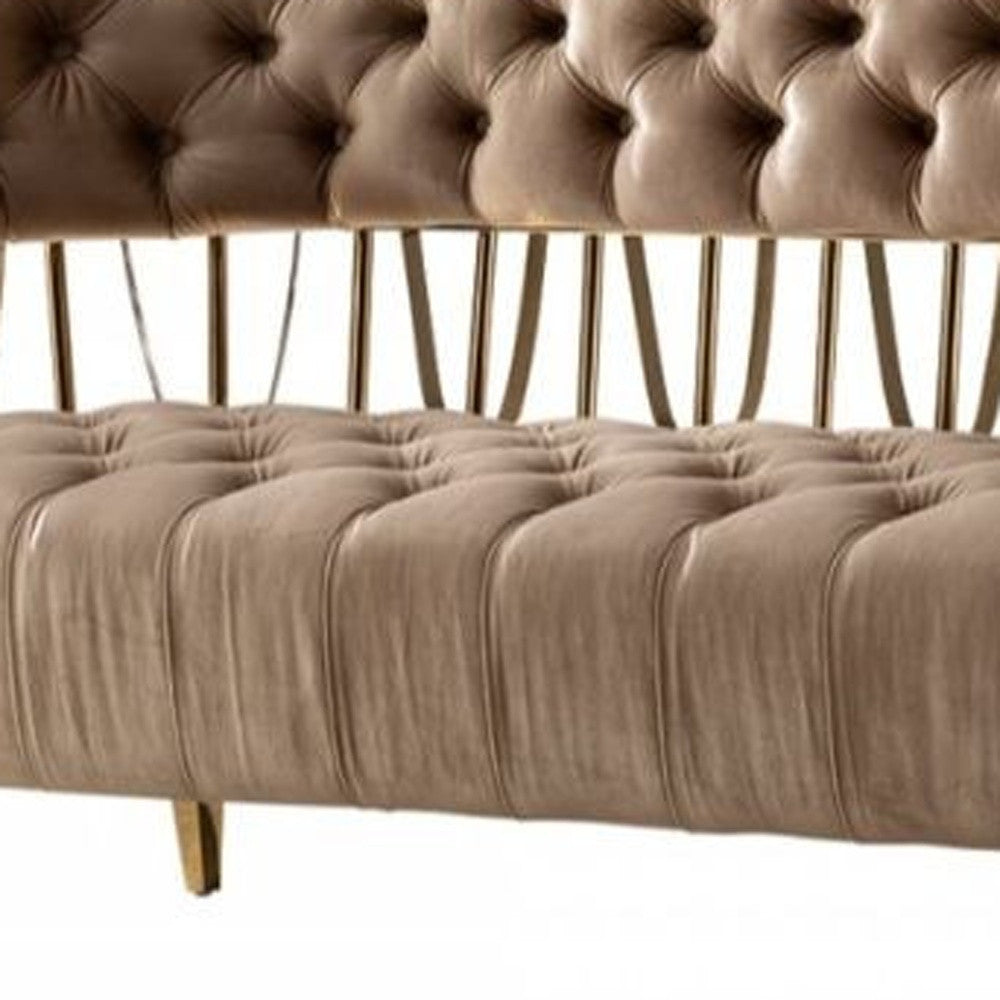 62" Dark Beige Velvet And Gold Exposed Back Love Seat By Homeroots
