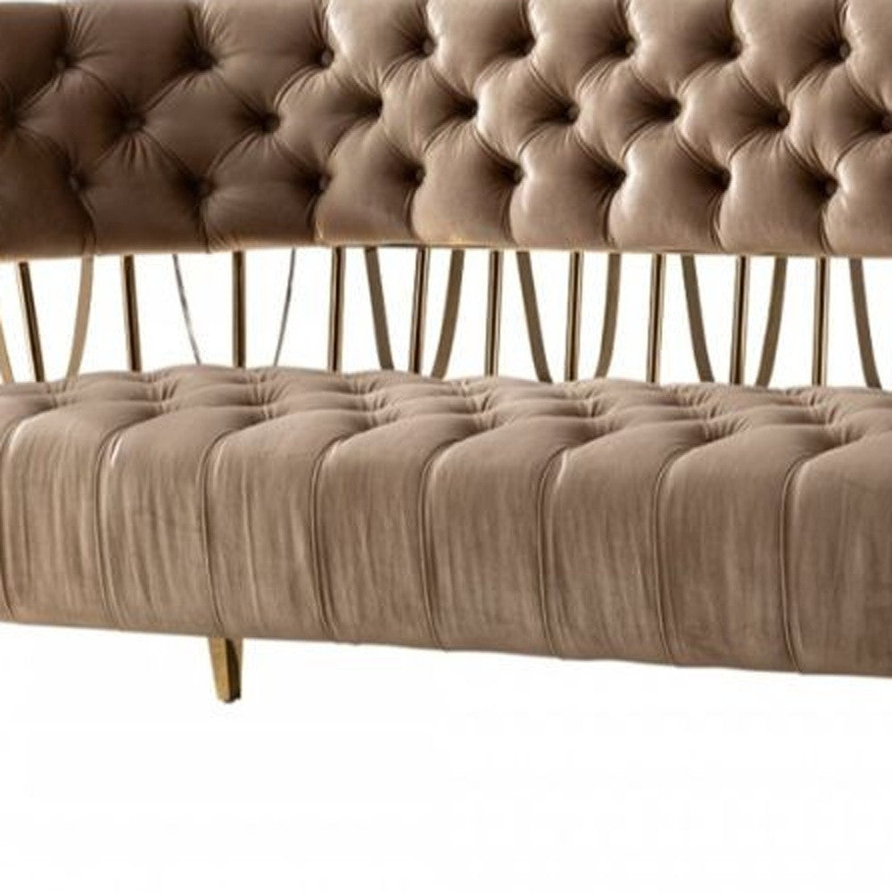 62" Dark Beige Velvet And Gold Exposed Back Love Seat By Homeroots
