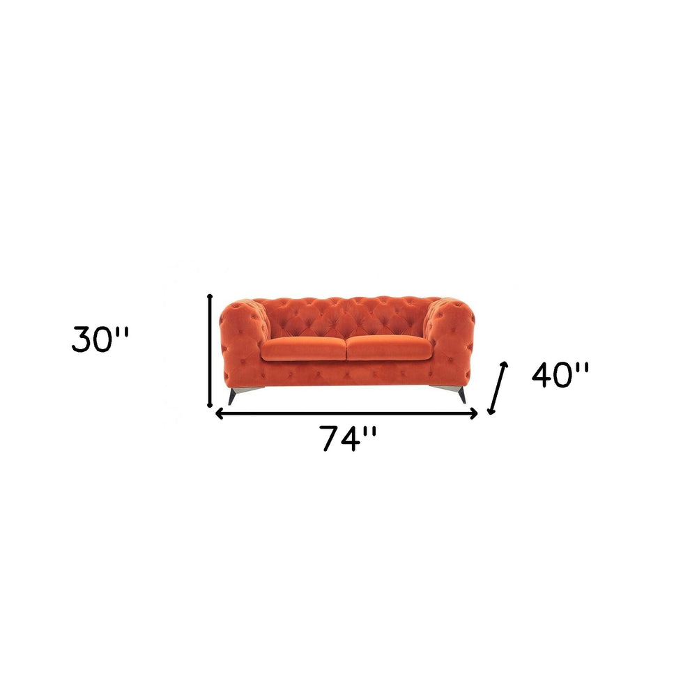 74" Orange Tufted Velvet And Black Chesterfield Love Seat By Homeroots | Loveseats | Modishstore - 5