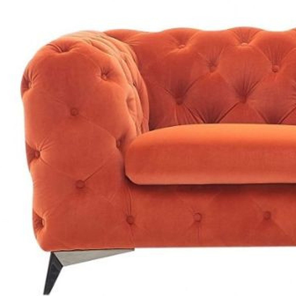 74" Orange Tufted Velvet And Black Chesterfield Love Seat By Homeroots | Loveseats | Modishstore - 4