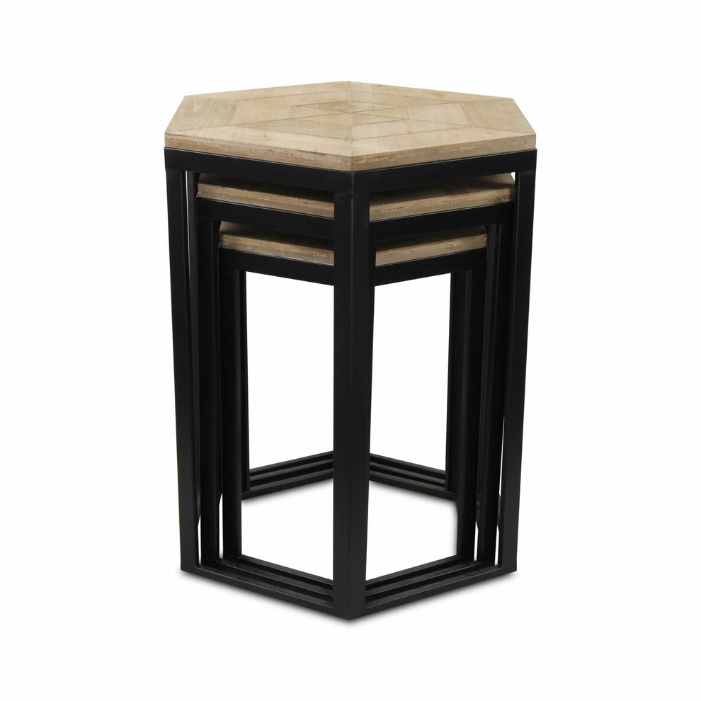 Set Of Three 25" Black And Brown Solid Wood And Steel Hexagon Nested Tables By Homeroots | End Tables | Modishstore - 2