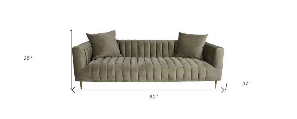 90" Gray Brown Velvet And Gold Sofa And Toss Pillows By Homeroots | Sofas | Modishstore - 6
