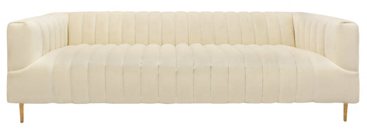 90" Ivory Channeled Velvet and Gold Sofa By Homeroots