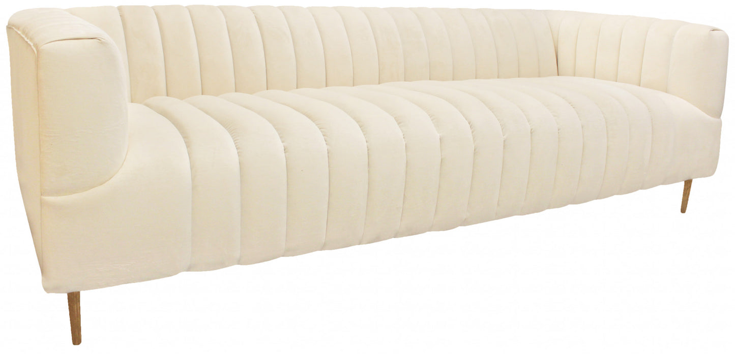 90" Ivory Channeled Velvet and Gold Sofa By Homeroots