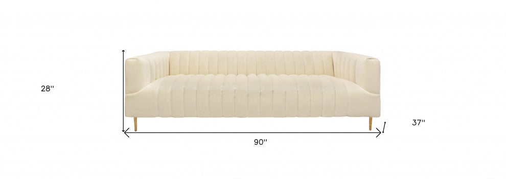 90" Ivory Channeled Velvet and Gold Sofa By Homeroots | Sofas | Modishstore - 9