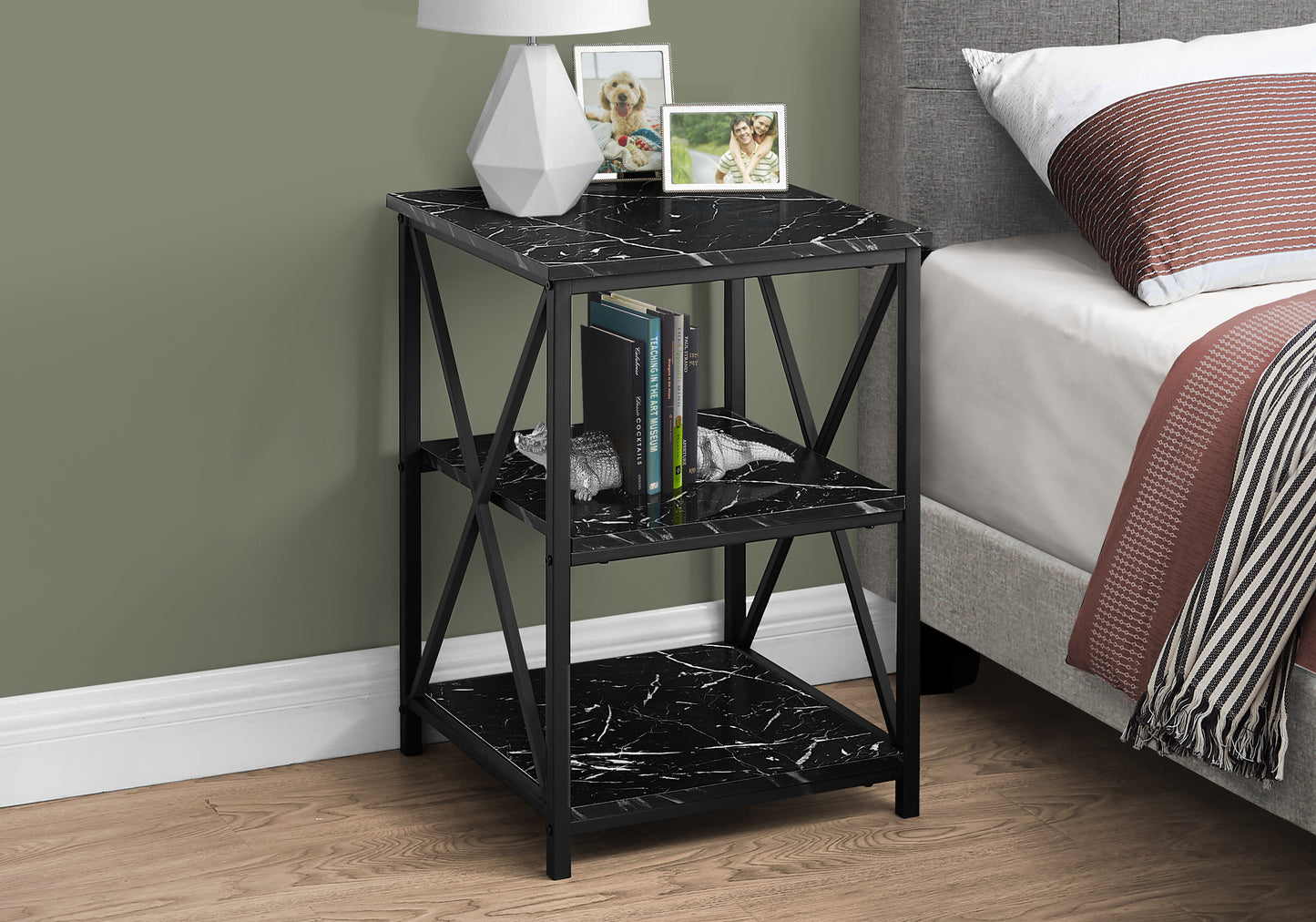 26" Black Faux Marble End Table With Two Shelves By Homeroots