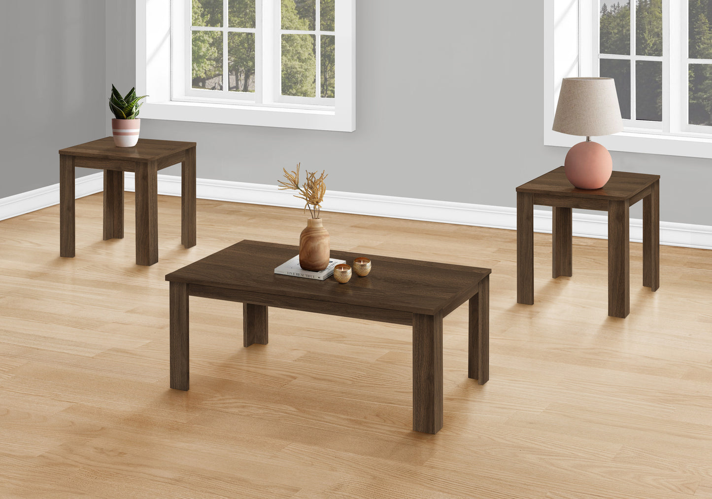 Set Of Three 44" Dark Brown Rectangular Coffee Table By Homeroots