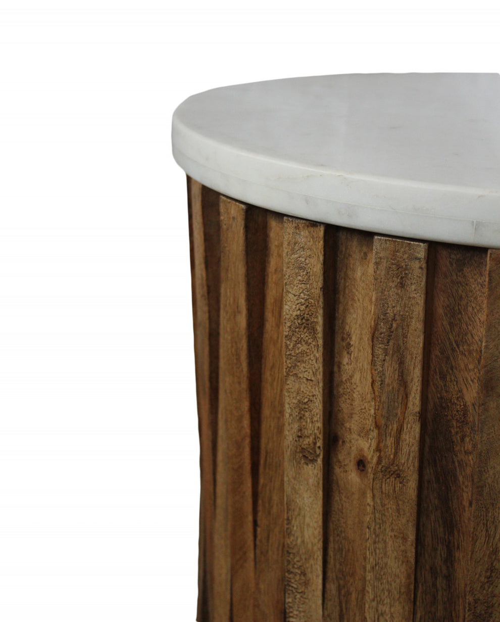 20" Brown And Ivory Marble And Solid Wood Round End Table By Homeroots | End Tables | Modishstore - 3