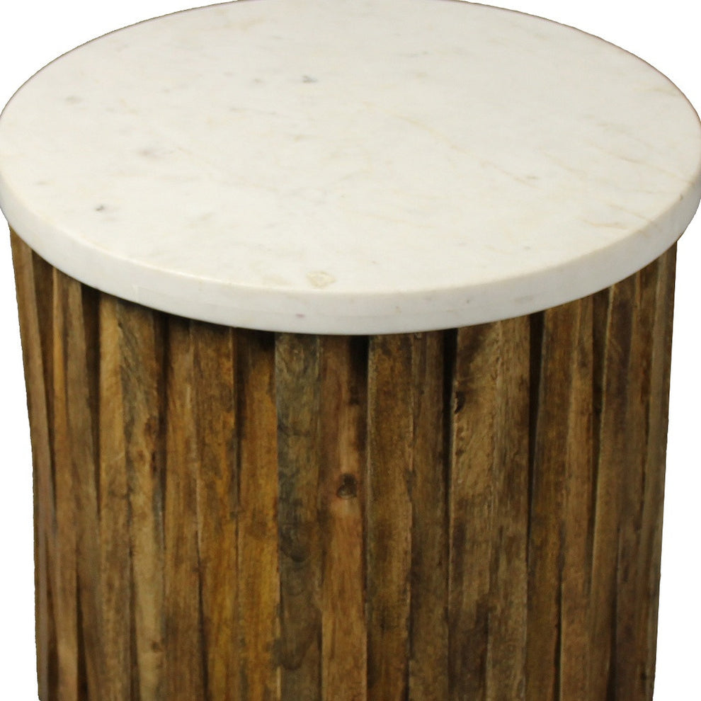 20" Brown And Ivory Marble And Solid Wood Round End Table By Homeroots | End Tables | Modishstore - 5