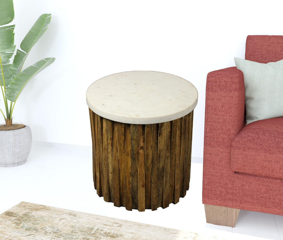 20" Brown And Ivory Marble And Solid Wood Round End Table By Homeroots | End Tables | Modishstore - 2