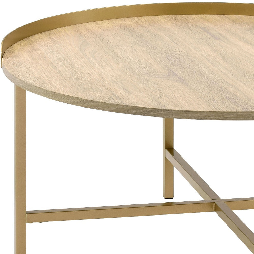 34" Gold And Oak Manufactured Wood And Metal Round Coffee Table By Homeroots | Coffee Tables | Modishstore - 4