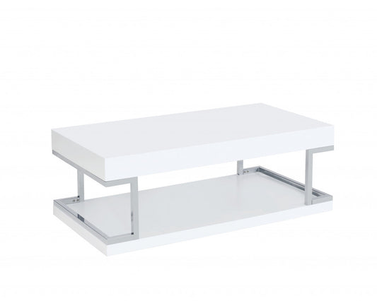 47" Chrome And White High Gloss Manufactured Wood And Metal Rectangular Coffee Table With Shelf By Homeroots