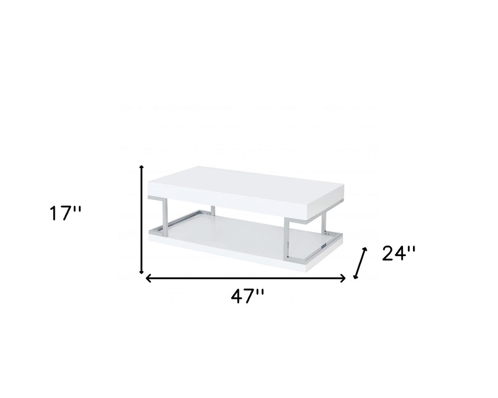 47" Chrome And White High Gloss Manufactured Wood And Metal Rectangular Coffee Table With Shelf By Homeroots | Coffee Tables | Modishstore - 6