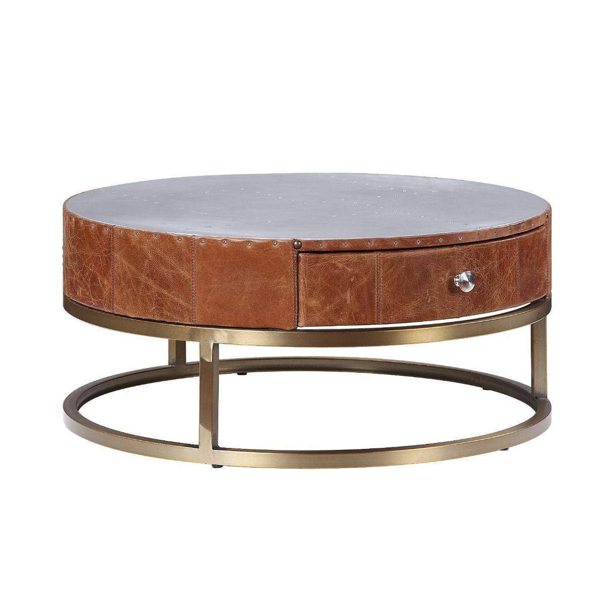 32" Cocoa And Silver Aluminum Round Coffee Table With Drawer By Homeroots | Coffee Tables | Modishstore