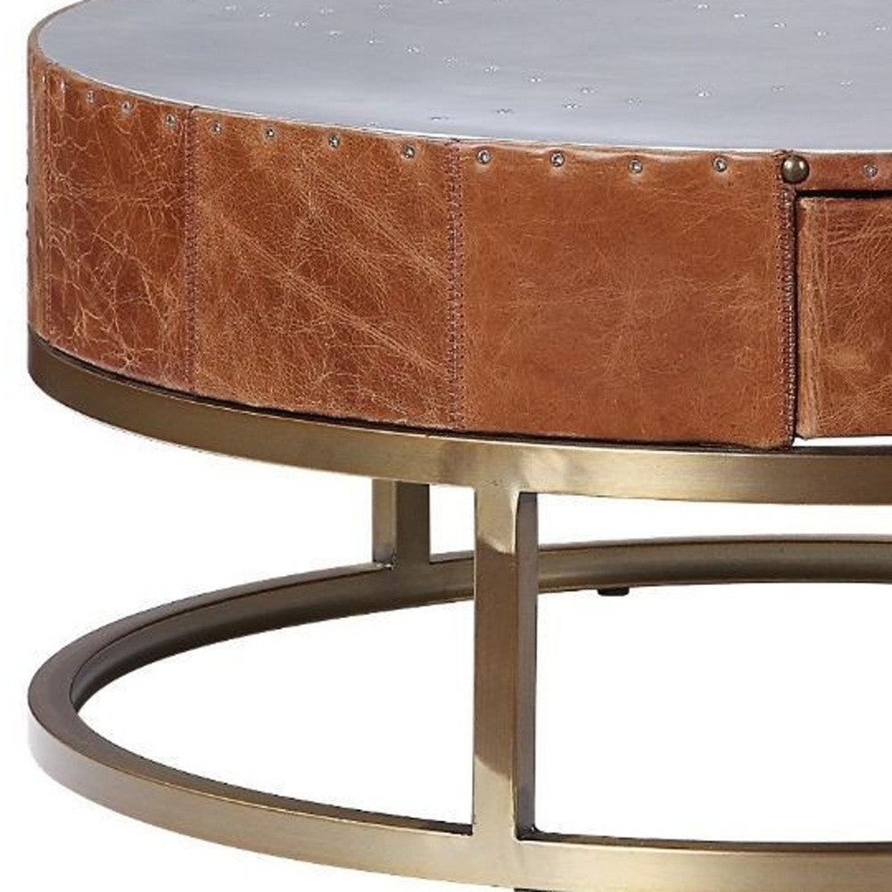 32" Cocoa And Silver Aluminum Round Coffee Table With Drawer By Homeroots | Coffee Tables | Modishstore - 4