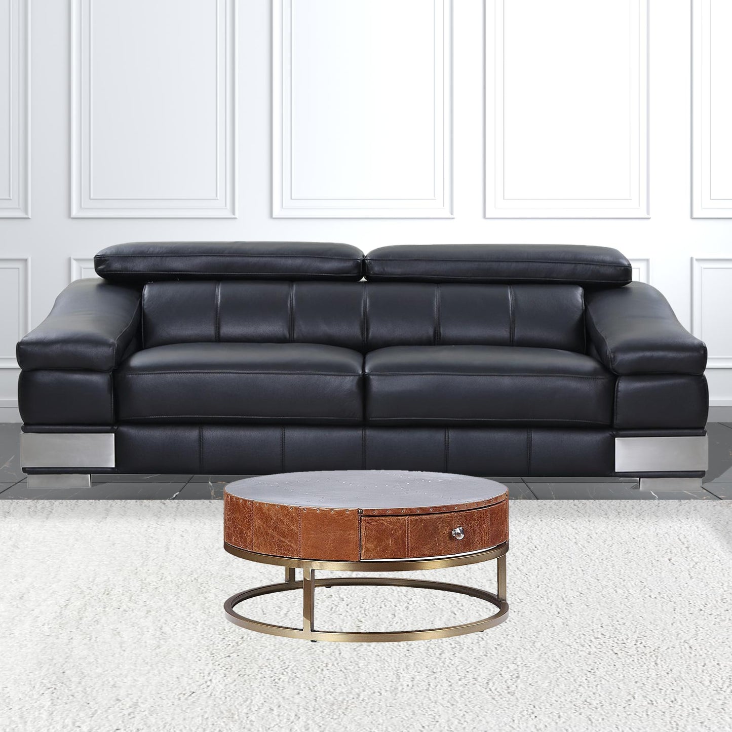 32" Cocoa And Silver Aluminum Round Coffee Table With Drawer By Homeroots | Coffee Tables | Modishstore - 2