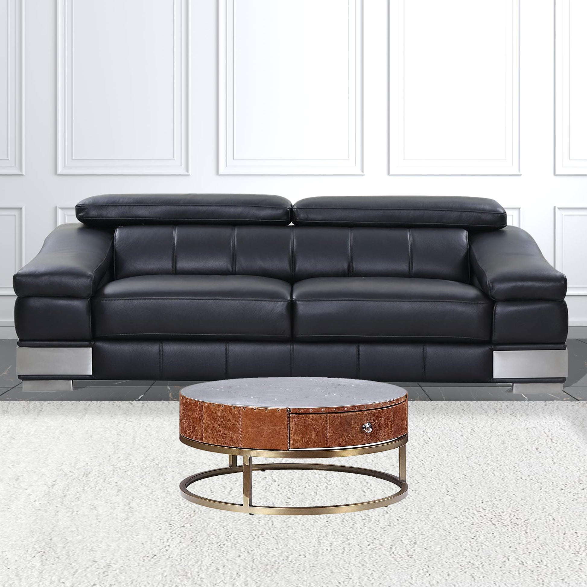 32" Cocoa And Silver Aluminum Round Coffee Table With Drawer By Homeroots | Coffee Tables | Modishstore - 2