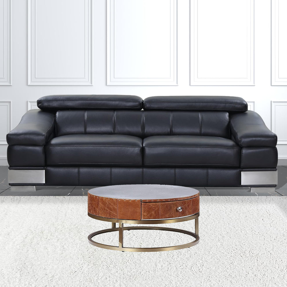 32" Cocoa And Silver Aluminum Round Coffee Table With Drawer By Homeroots | Coffee Tables | Modishstore - 2