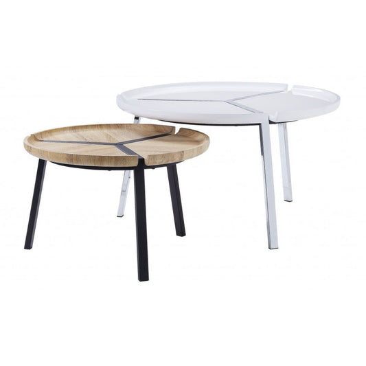 32" Black And White And Natural Brown Paper Veneer Round Nested Coffee Tables By Homeroots