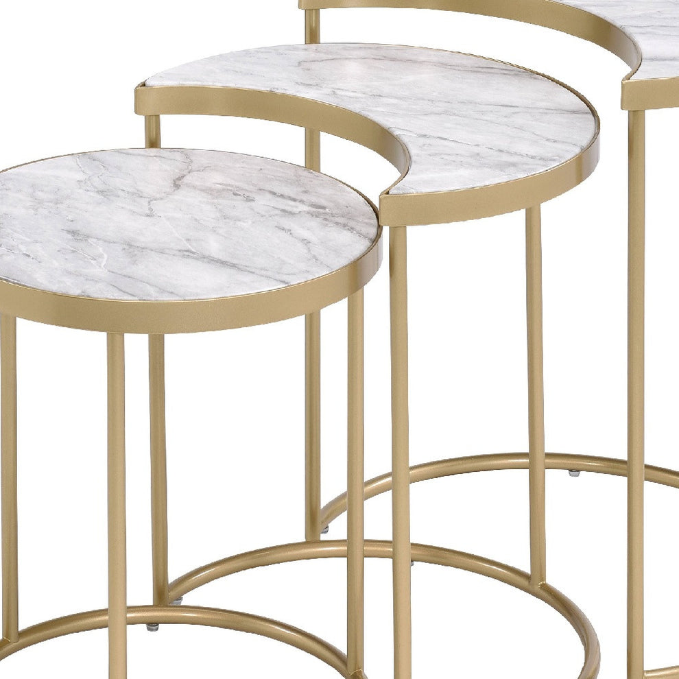 24" Gold And Faux Marble Paper Veneer And Metal Round Nested Coffee Tables By Homeroots | Coffee Tables | Modishstore - 5