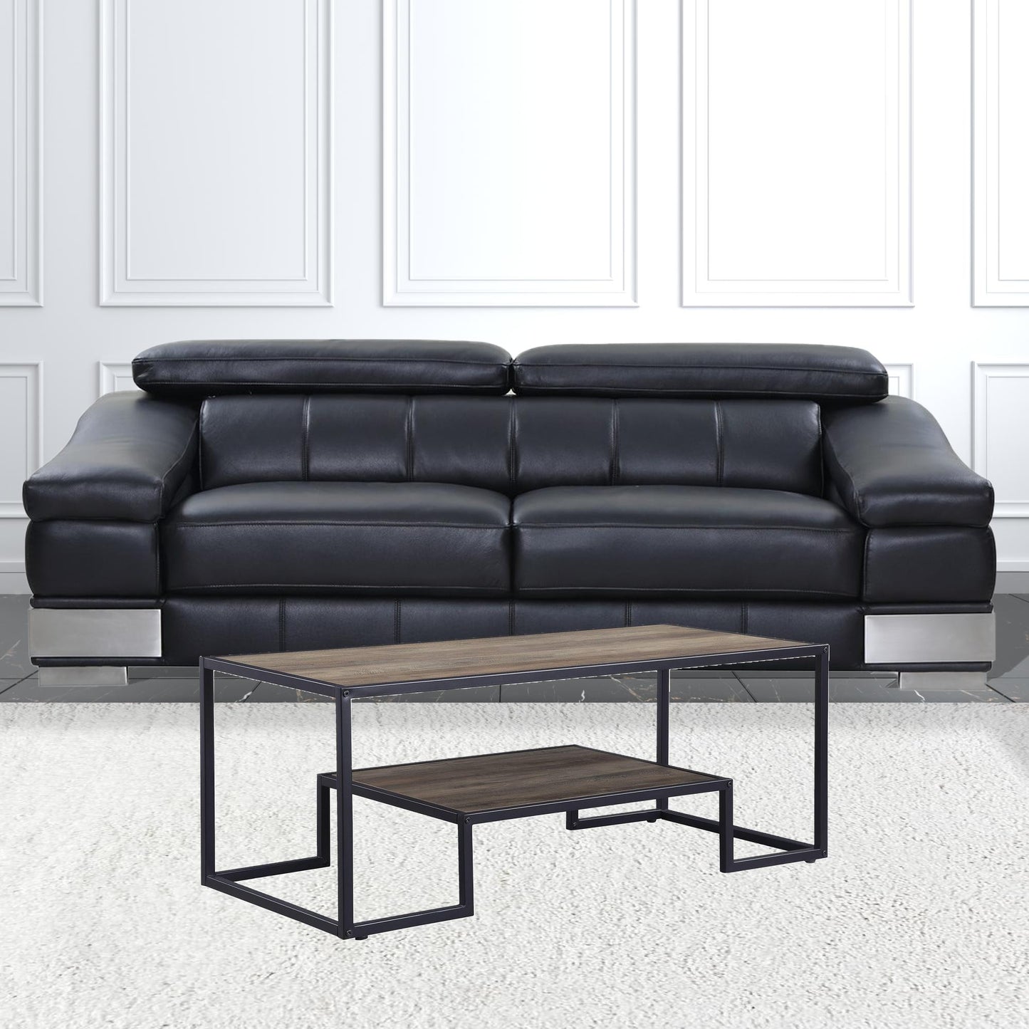 45" Black And Rustic Oak Paper Veneer And Metal Rectangular Coffee Table With Shelf By Homeroots | Coffee Tables | Modishstore - 3