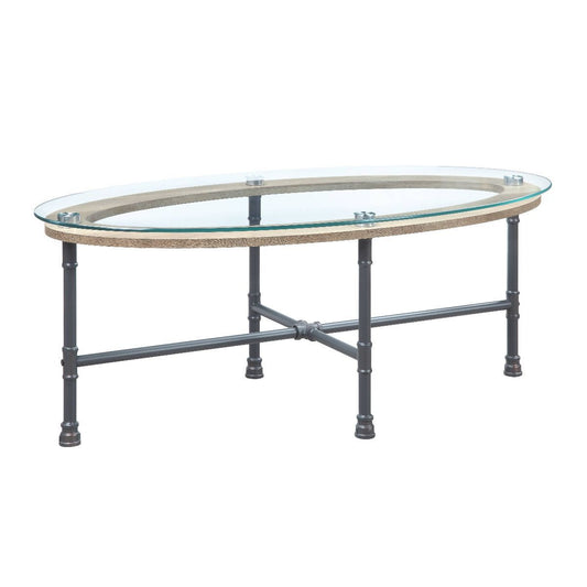 47" Sandy Gray And Clear Glass And Metal Oval Coffee Table By Homeroots