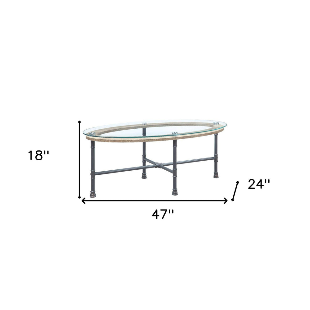 47" Sandy Gray And Clear Glass And Metal Oval Coffee Table By Homeroots | Coffee Tables | Modishstore - 5