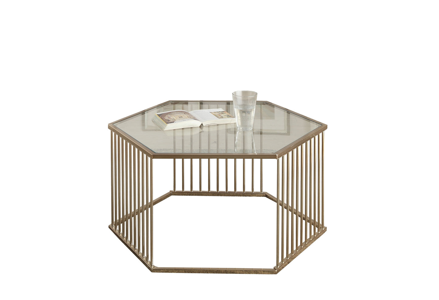 34" Champagne And Clear Glass And Metal Hexagon Coffee Table By Homeroots | Coffee Tables | Modishstore