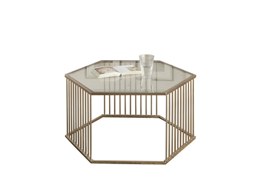 34" Champagne And Clear Glass And Metal Hexagon Coffee Table By Homeroots | Coffee Tables | Modishstore