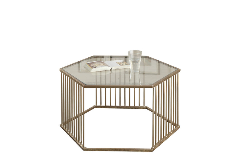 34" Champagne And Clear Glass And Metal Hexagon Coffee Table By Homeroots | Coffee Tables | Modishstore