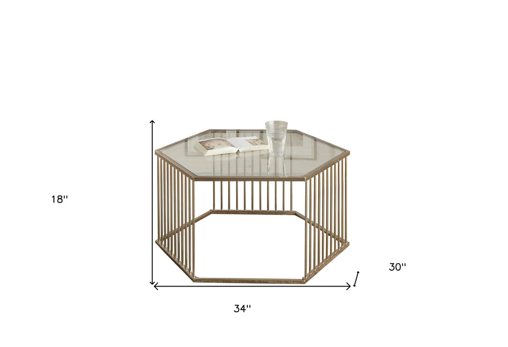 34" Champagne And Clear Glass And Metal Hexagon Coffee Table By Homeroots | Coffee Tables | Modishstore - 5