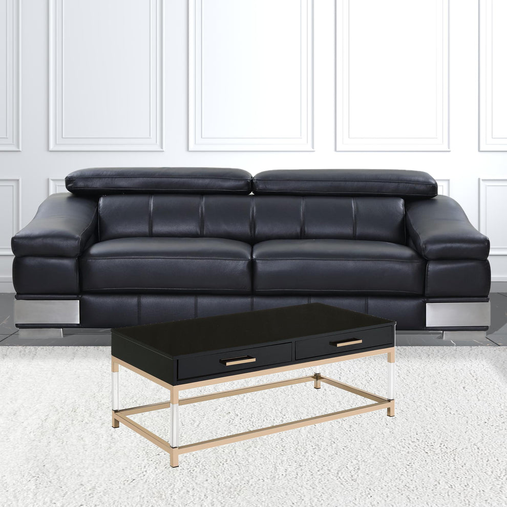 44" Gold And Black High Gloss Manufactured Wood And Metal Rectangular Coffee Table With Two Drawers By Homeroots | Coffee Tables | Modishstore - 3