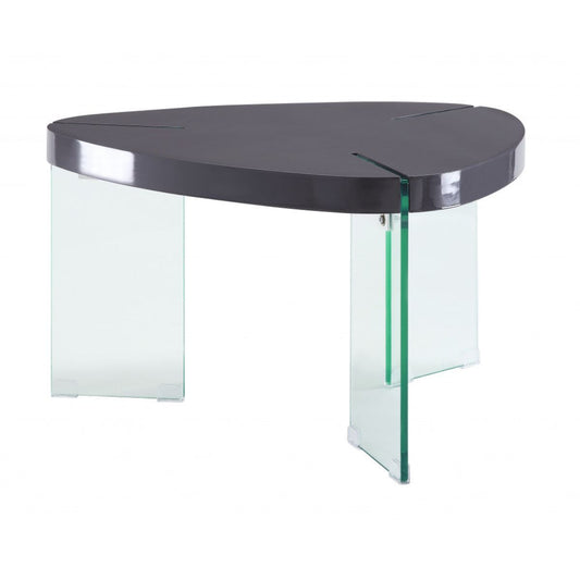 31" Clear Glass And Gray High Gloss Wood Triangle Coffee Table By Homeroots