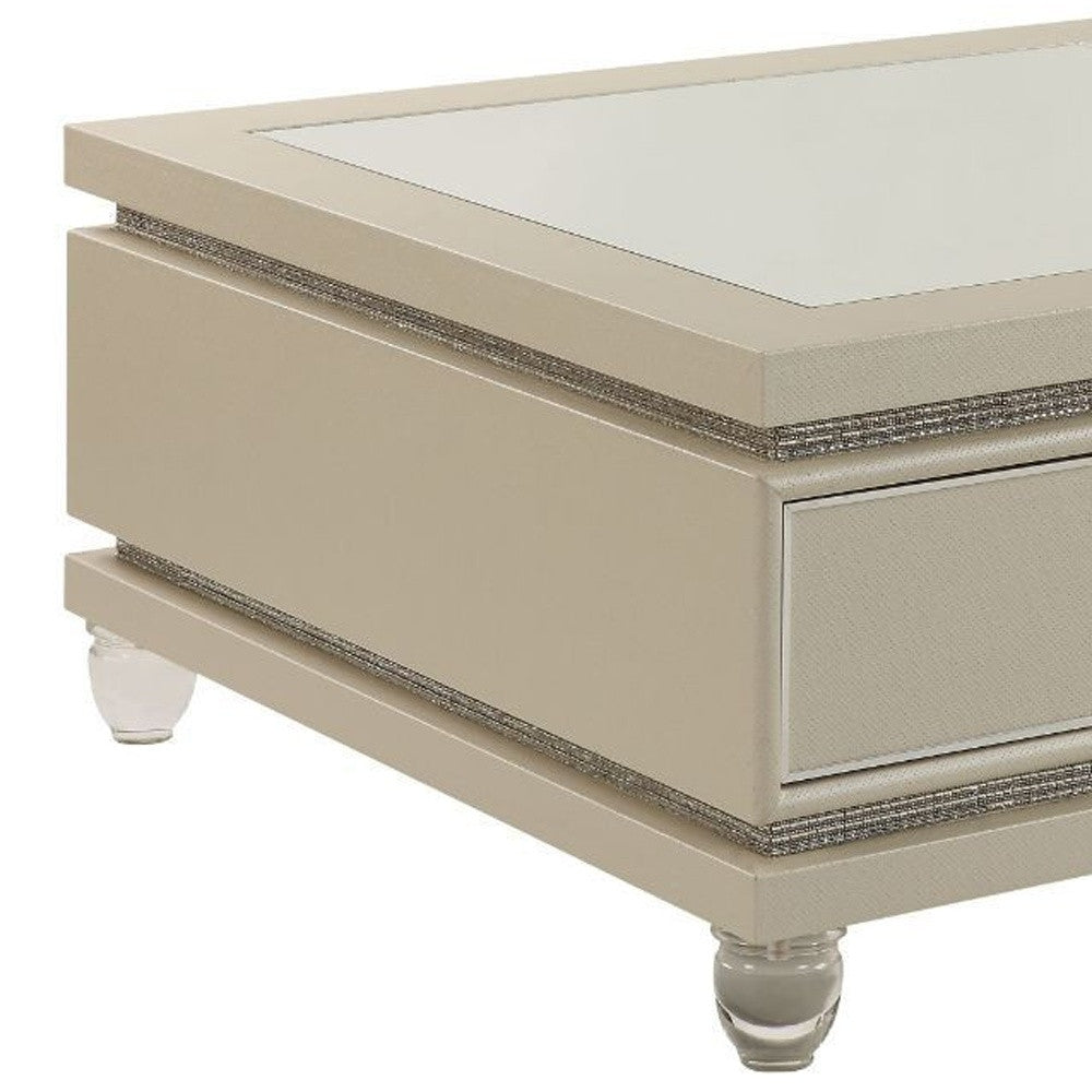 40" Pearlized Bling Faux Diamonds Square Mirrored Coffee Table With Two Drawers By Homeroots
