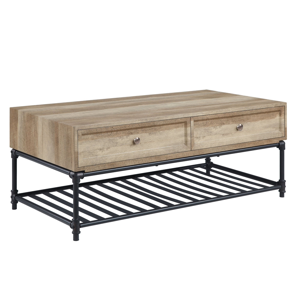 47" Sandy Black And Oak Paper Veneer And Metal Rectangular Coffee Table With Two Drawers And Shelf By Homeroots | Coffee Tables | Modishstore - 2