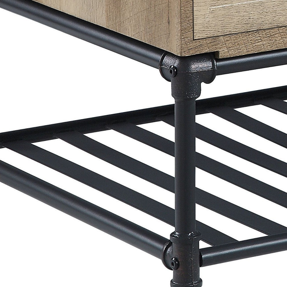 47" Sandy Black And Oak Paper Veneer And Metal Rectangular Coffee Table With Two Drawers And Shelf By Homeroots | Coffee Tables | Modishstore - 4